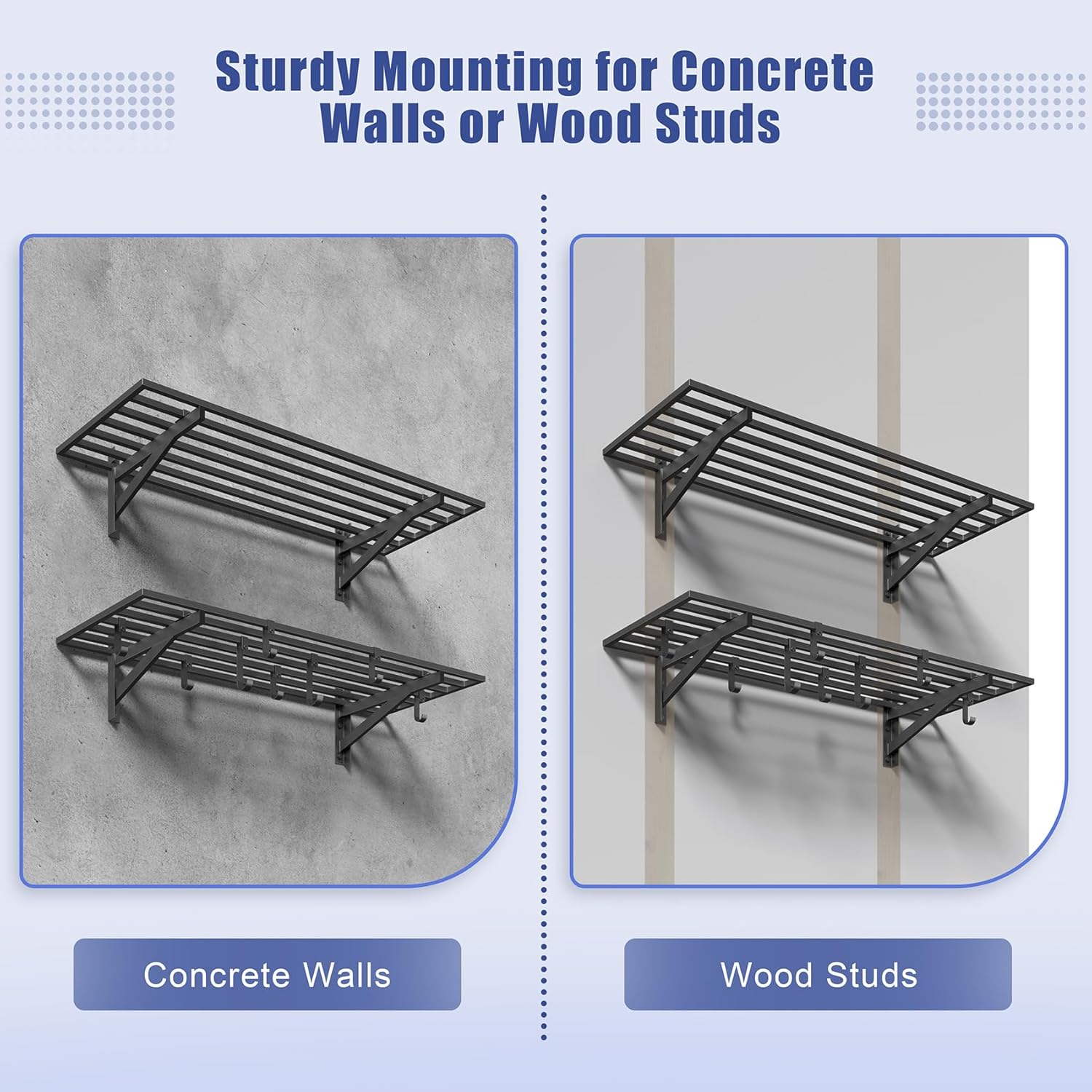 4-Pack 1.5x4ft Garage Shelving Wall Mounted, 1.5 x 4' Heavy Duty Garage Storage Shelves with Hooks, 800LB Capacity