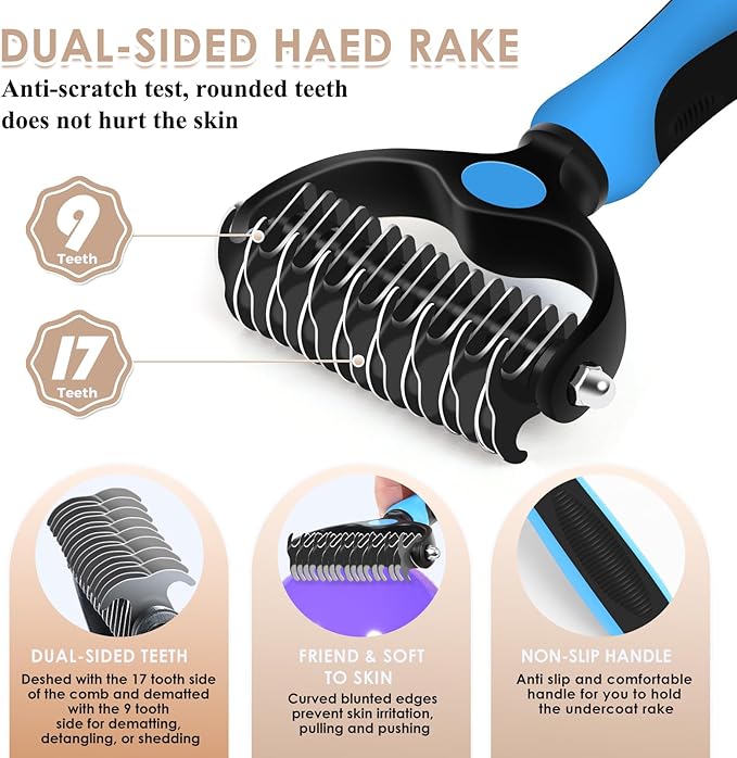 Large Slicker Brush for Dogs - 3PC Pet Grooming Kit - Undercoat Rake & Stainless Comb | Long Pins Remove Mats on Poodles, Golden, Labradoodles | Thick Coat Deshedder for Dogs, Cats, Oak
