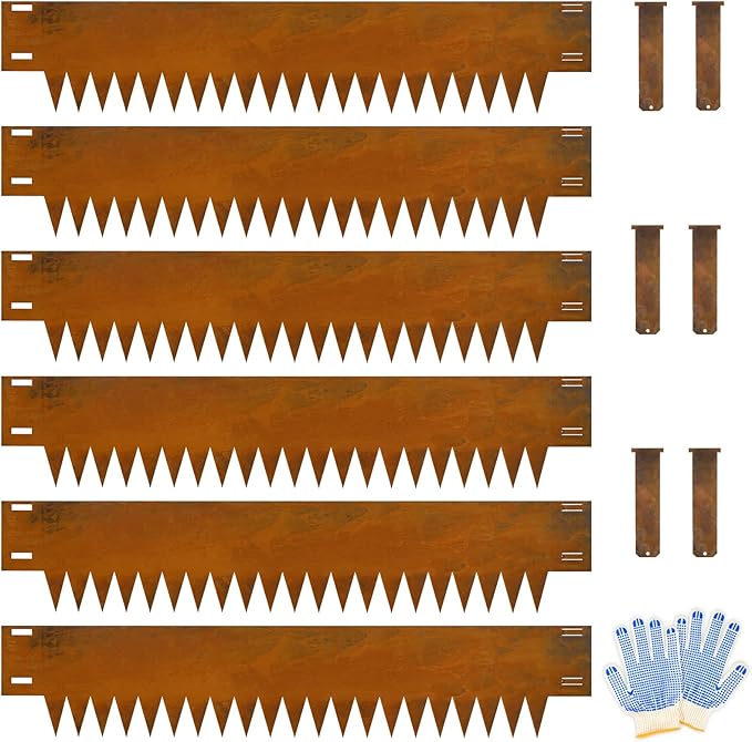 Co rten Steel Landscape Edging 12 Inch Tall 6 Packs, Pre-Rusted Metal Garden Edging, Hammer in Landscape Edging with 6 Clips and a Pair of Gloves, Steel Edging for Landscaping, Lawn Rusty