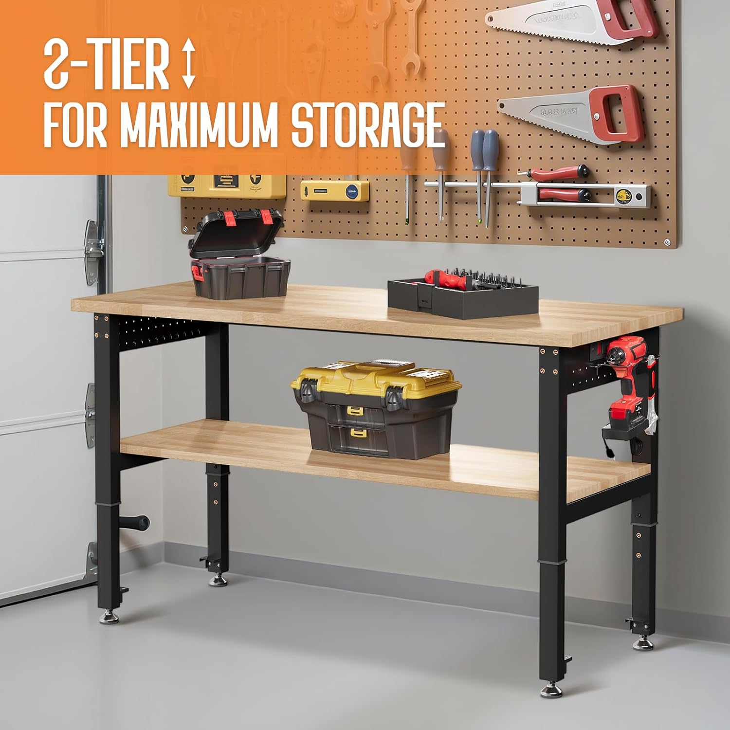Albott 48" Adjustable 2-Tier Workbench with Solid Wood Top, Max 2000lbs Capacity, Built-in Power Strip with 4 AC Outlets & 2 USB Ports, Pegboard & 20 Hooks, Shop Garage Office
