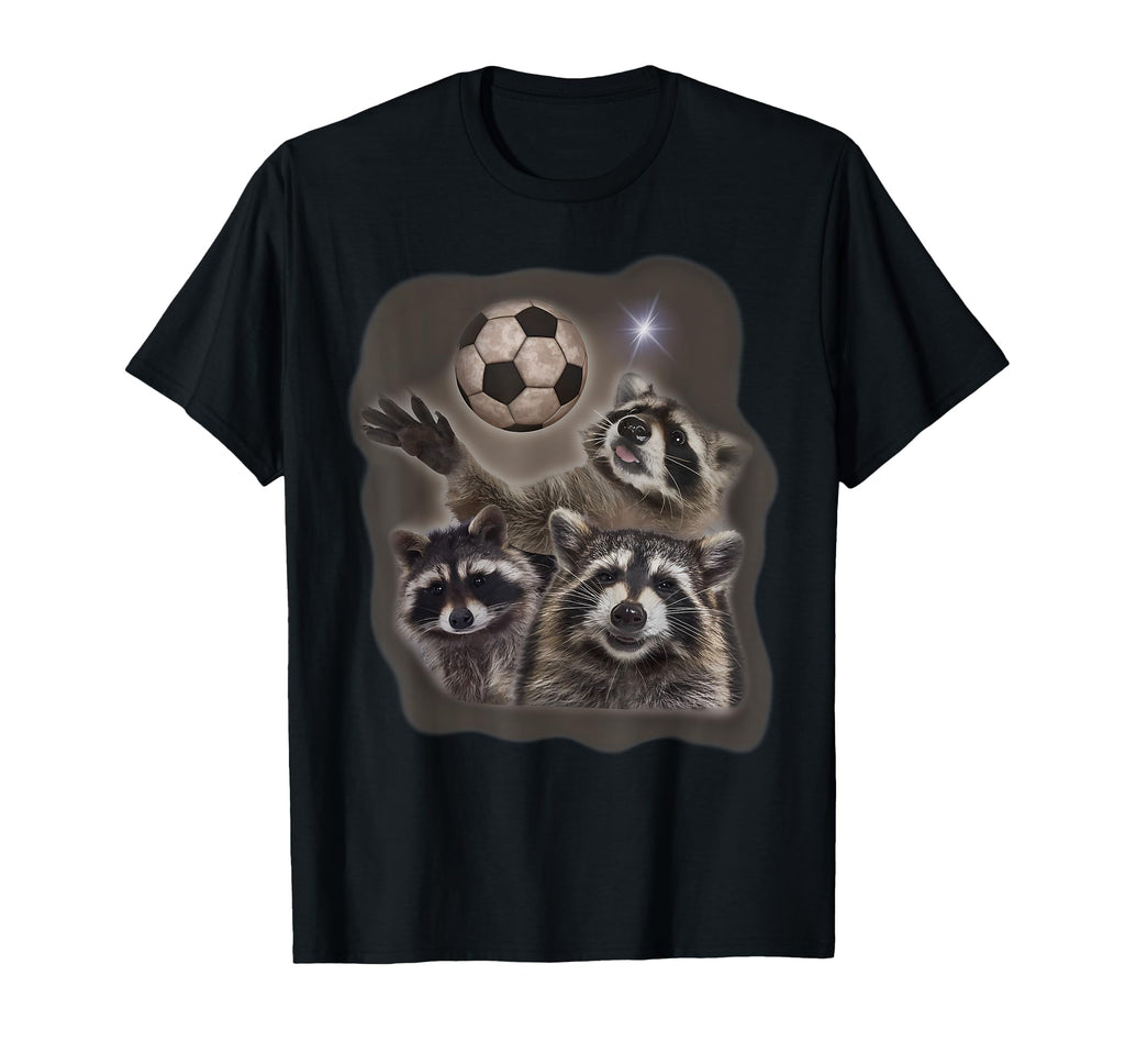 Three Racoons Howling Soccer Ball T-Shirt - Unique Graphic for Adults