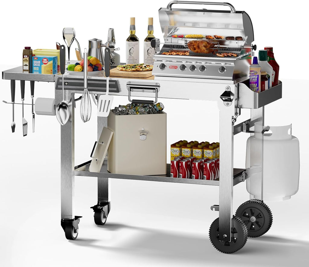 Food Grade 304 Stainless Steel BBQ Grill Table fits Tabletop Griddle, Outdoor Grill Table with 4 Foldable Legs, Portable Grill Stand for RV, Camping, Tailgating