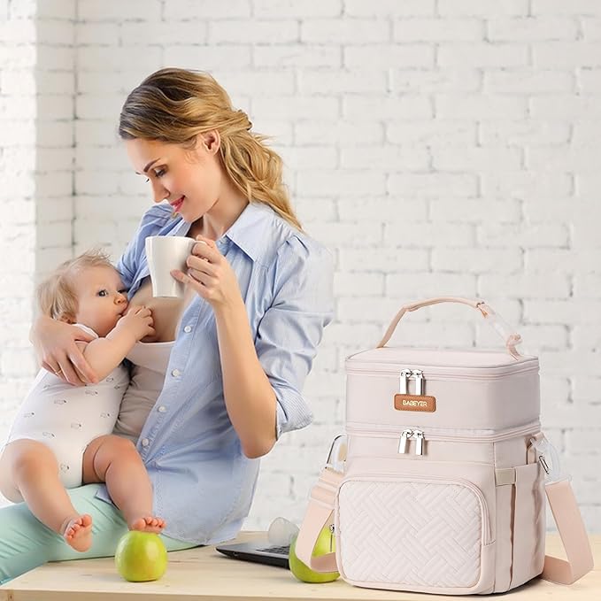 Insulated Breastmilk Cooler Bag with Ice Pack - Holds 6x9oz Bottles, Leakproof Double Layer, Adjustable Strap for Nursing Moms, Daycare & Travel,Pearl White