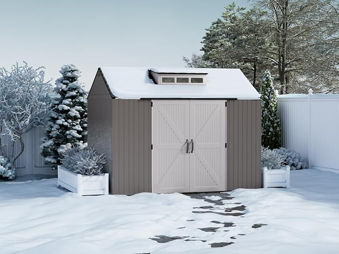 Rubbermaid Extra Large Resin Outdoor Storage Shed With Floor (7 x 10.5 Ft.) Weather Resistant Brown Organization for Home/Lawn Mower/Backyard Equipment/Bike Storage/Pool Supplies
