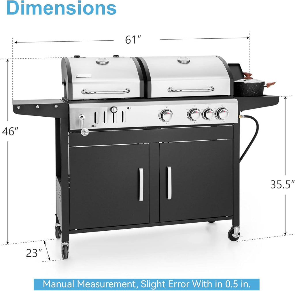3 Burner Propane Gas and Charcoal Grill Combo with Side Burner & Porcelain-Enameled Cast Iron Grates, 37,000 BTUs 685 SQIN Dual Fuel Outdoor BBQ Grill for Patio Garden Picnic Backyard Barbecue Cooking