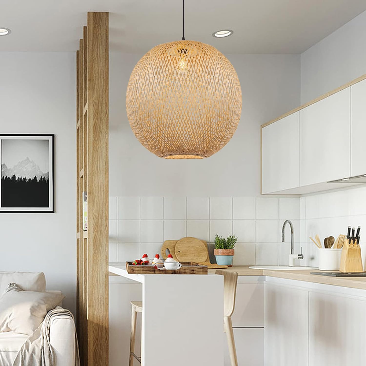 Arturesthome 15.7" Bamboo Pendant Lights, Round Wicker Chandelier, Hand-Woven Boho Basket Lampshade Hanging Ceiling Light for Kitchen Island Living Room