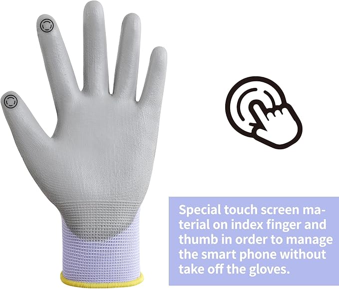 DULFINE Work Gloves for Men PU Coated 12 Pairs Bulk Pack,Purple Seamless Knit Glove with thin Polyurethane,Two Finger Touchscreen, for Men and Women, Ideal for Light Duty Work. (Large)