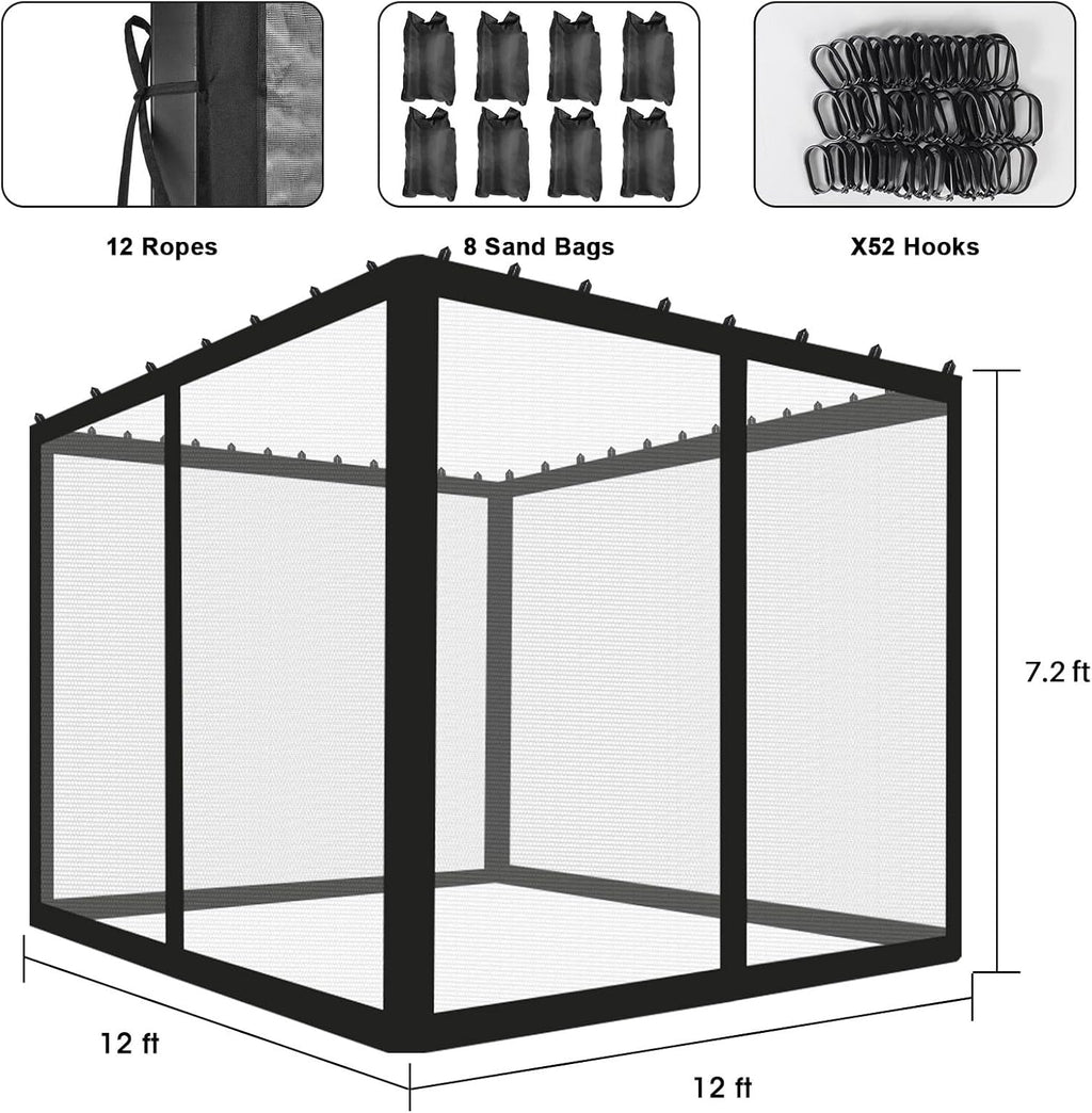 ShowyLive 12x12 Patio Umbrella Mosquito Netting with Zipper 4 Doors & 8 Weight Bag - Adjustable Polyester Mesh Bug Screen for Outdoor Umbrellas, Garden, Patio Tables (Black)