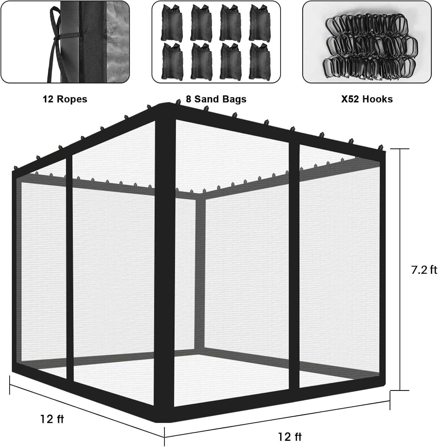 ShowyLive 12x12 Patio Umbrella Mosquito Netting with Zipper 4 Doors & 8 Weight Bag - Adjustable Polyester Mesh Bug Screen for Outdoor Umbrellas, Garden, Patio Tables (Black)