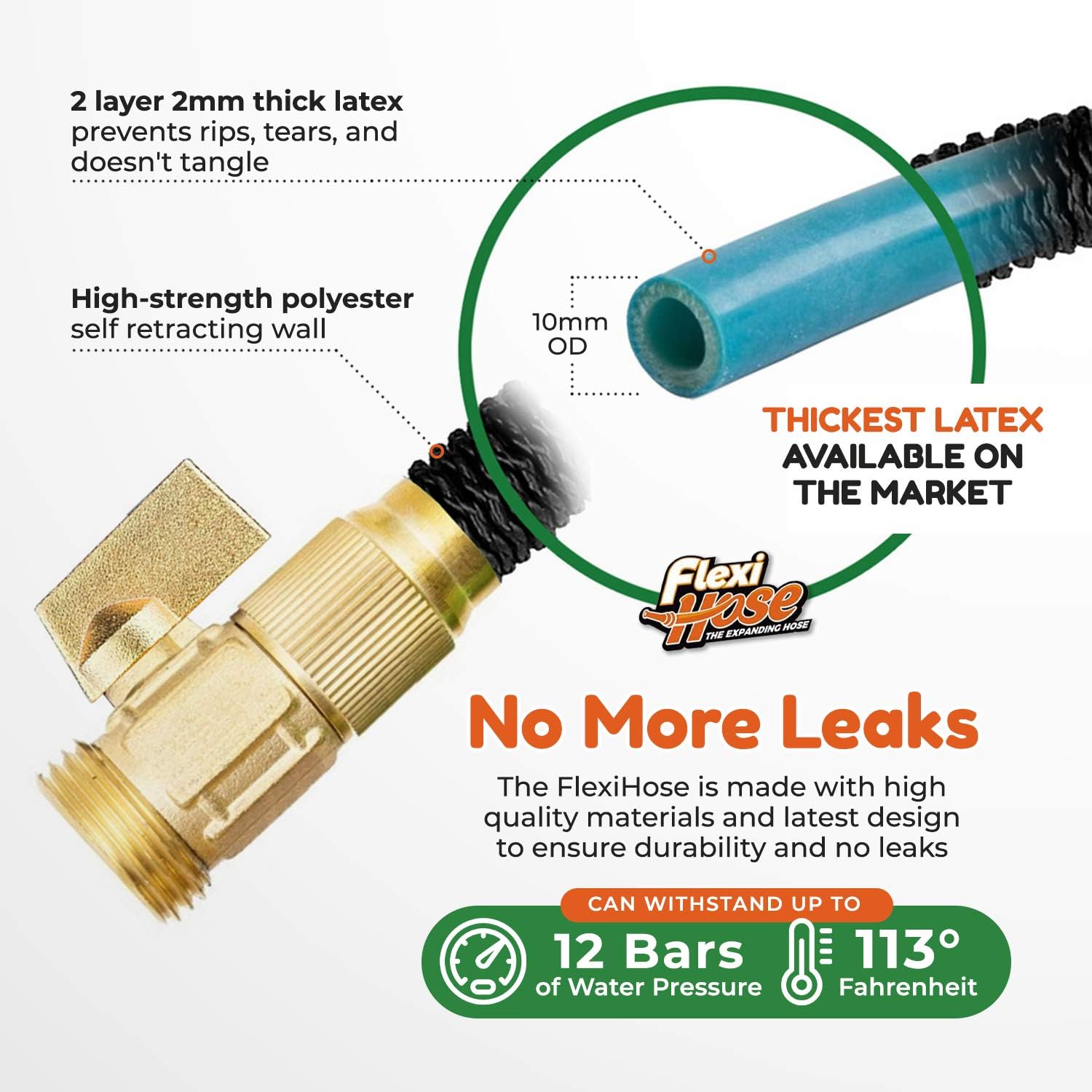 Flexi Hose Lightweight Expandable Garden Hose, No-Kink Flexibility, 3/4 Inch Solid Brass Fittings and Double Latex Core (25ft, Black)