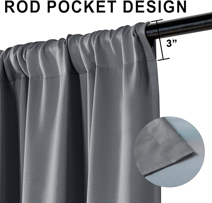 XWZO Dark Grey Blackout Curtains 84 Inches Long with Tiebacks- Full Light Blocking & Energy Efficiency Window Draperies with Black Liner for Bedroom/Living Room, Rod Pocket, W70 x L84, Set of 2