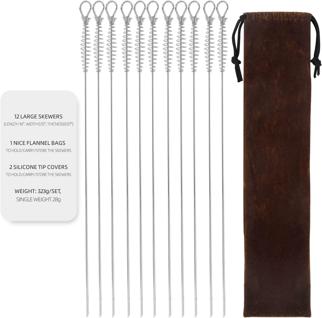 16"" 12 Pack - Metal Skewers Flat Long Kabob Skewers Reusable BBQ Barbecue Shish Sticks Skewers for Grilling, Stainless Steel, Sliver
