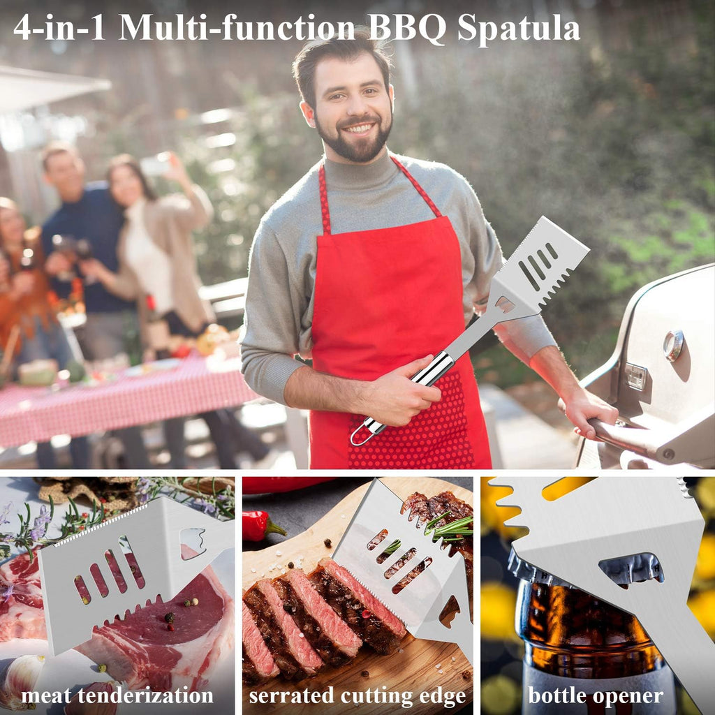 ROMANTICIST 25pcs Extra Thick BBQ Grill Accessories, Fathers Day Grilling Gifts Set for Men Dad, Heavy Duty Grill Tools Utensils Kit with Spatula, Tongs in Aluminum Case for Birthday Silver