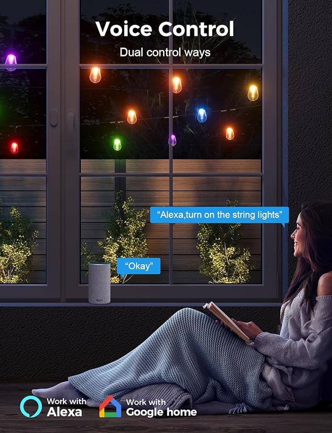 XMCOSY+ Outdoor String Lights Smart, 49Ft RGBCWIC Patio Lights Waterproof, App Control, Compatible with Alexa, Color Changing LED String Light for Outside Yard Garden Porch