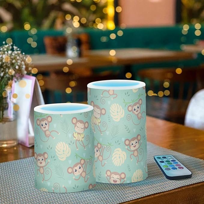 Flickering Flameless Candles, Cute Monkey LED Candles with Remote Timer, Set of 2 Battery Operated Candle for Valentine Wedding Birthday