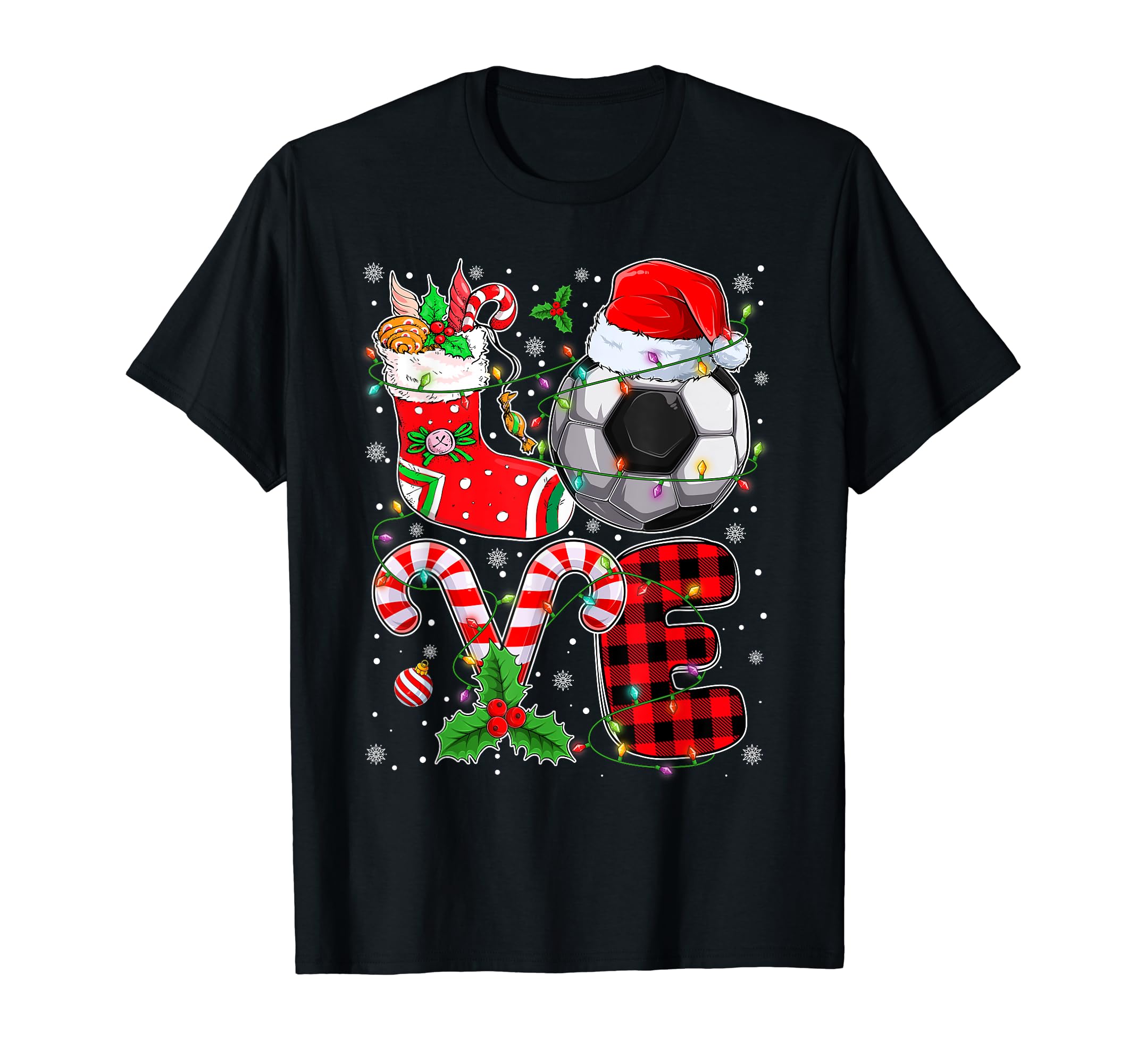 Funny Love Soccer Ball Santa Hat T-Shirt - Casual Everyday Wear Unisex