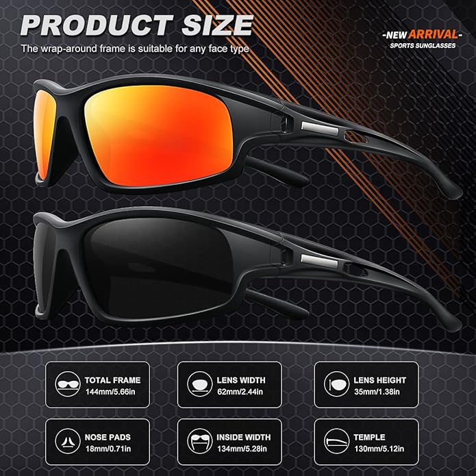 Polarized Sports Sunglasses for Men 100% UV Protection Wrap Around Unbreakable Sun Glasses for Fishing Driving