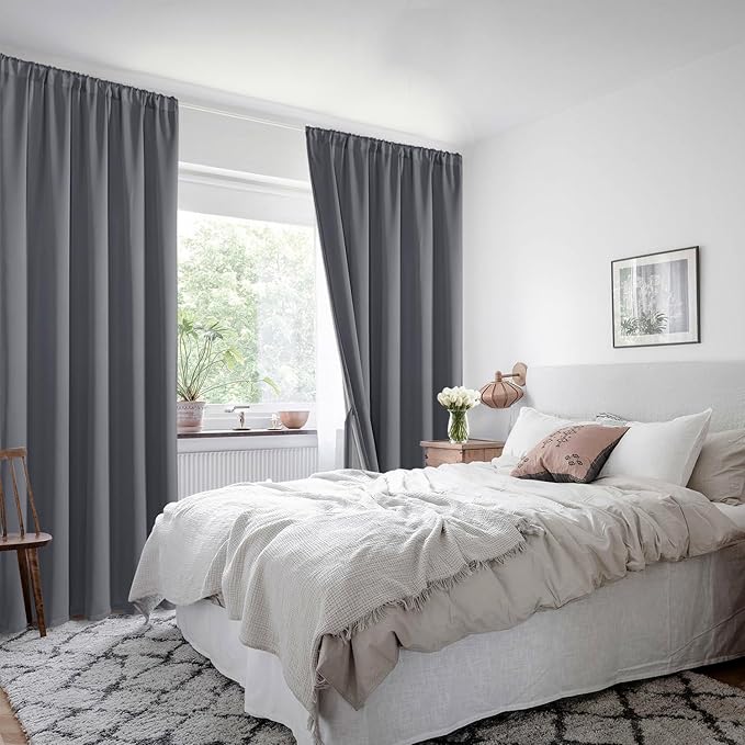 XWZO 100% Blackout Curtain Panels - Thermal Insulated Black Liner Rod Pocket Curtains, Noise Reducing & Heat Blocking Drapes for Hall and Studio Windows with Tiebacks, Dark Grey, W42 x L54, Set of 2