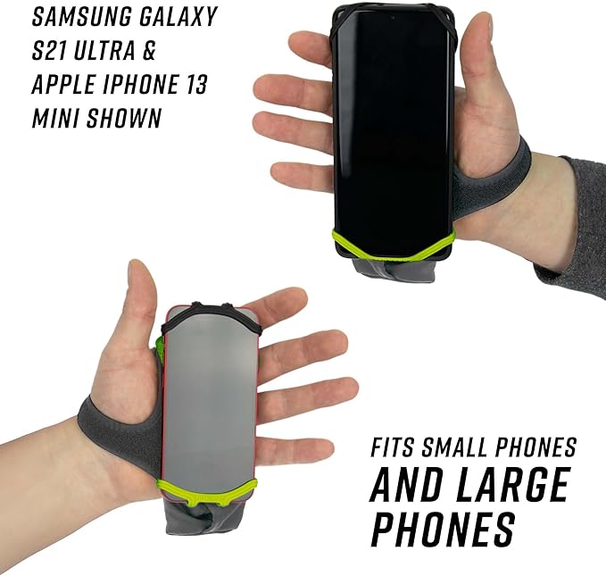 Noxgear Hand Held Phone Holder - Handheld Grip Phone Holder with Key Fob & Card Slot for Running, Jogging & Working Out - Compatible with All Phones - Machine Washable (Lime, Right Hand)