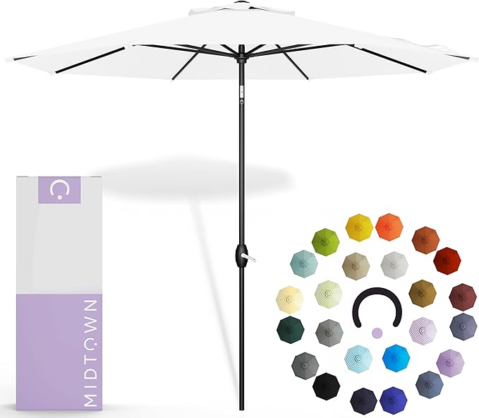 Midtown Umbrellas 10-Year-No-Fade - 9 Ft - UV Proof Ivory White Polyester Fabric - Umbrella Outdoor Patio, Auto-Tilt Aluminum Frame Patio Umbrella for Garden, Pool & Deck - Black Pole