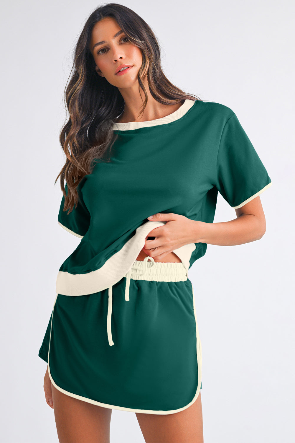 Black Colorblock Edge Drop Shoulder T Shirt and Skort 2Pcs Set