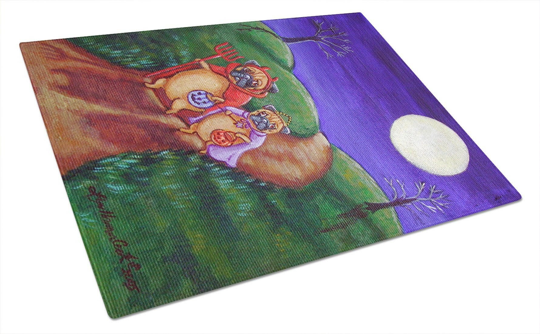 Trick or Treat Halloween Pug Cutting Board Tempered Glass Kitchen Cutting Surface, Heat Resistant Chopping, Non-Slip Feet, Food Prep & Serving
