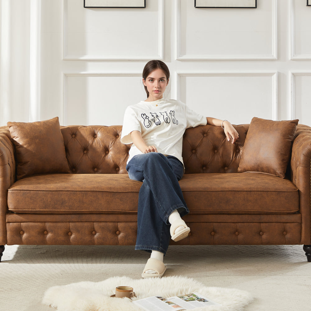 85.5" Chesterfield Sofa 3-Seater | Tech Fabric with Button Tufting, Rolled Arms & Wood Legs — Brown / Black
