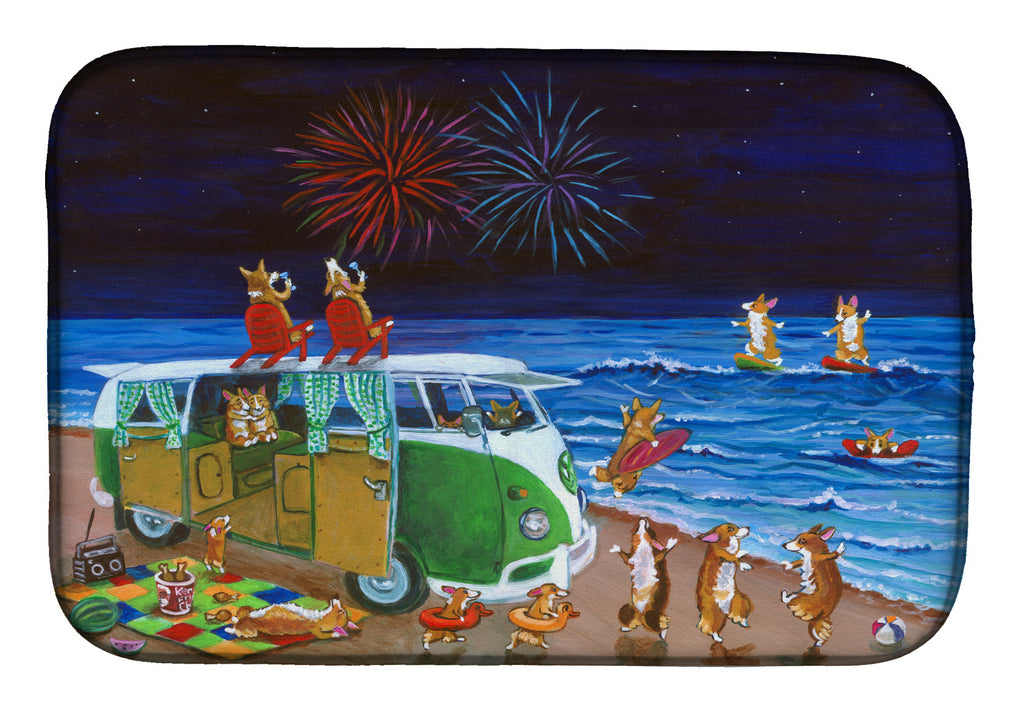 Corgi Beach Party Volkswagon Bus Fireworks Dish Drying Mat Absorbent Dish Drying Mat Pad for Kitchen Counter Dish Drainer Mat for Countertop, 14 x 21", Multicolor