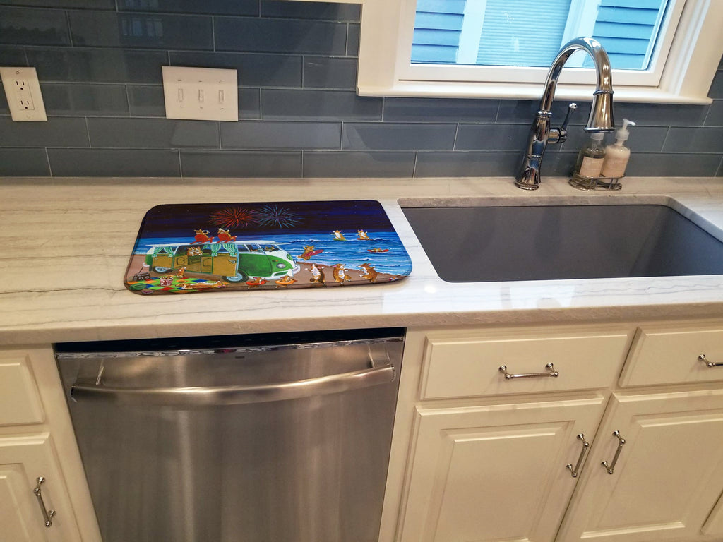 Corgi Beach Party Volkswagon Bus Fireworks Dish Drying Mat Absorbent Dish Drying Mat Pad for Kitchen Counter Dish Drainer Mat for Countertop, 14 x 21", Multicolor