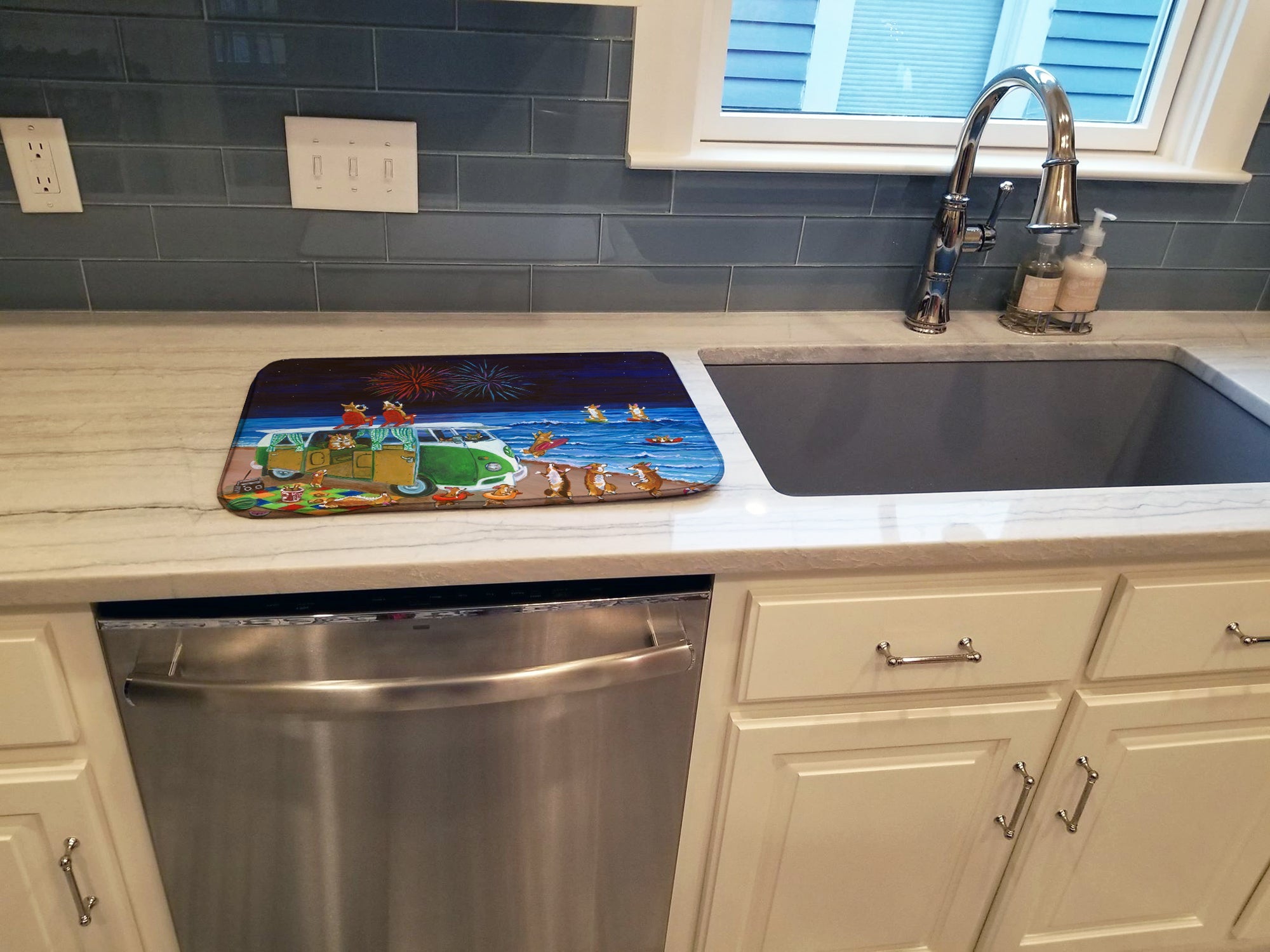 Corgi Beach Party Volkswagon Bus Fireworks Dish Drying Mat Absorbent Dish Drying Mat Pad for Kitchen Counter Dish Drainer Mat for Countertop, 14 x 21", Multicolor