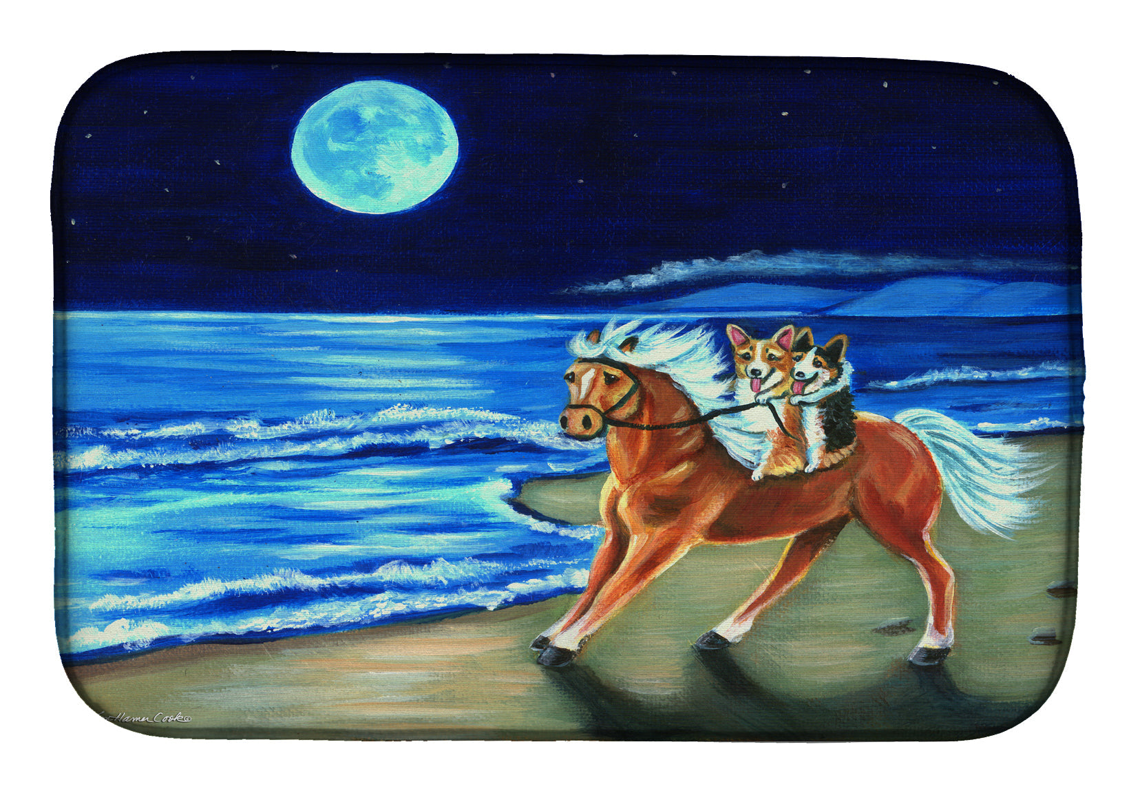 Corgi Beach Ride on Horse Dish Drying Mat Absorbent Dish Drying Mat Pad for Kitchen Counter Dish Drainer Mat for Countertop, 14 x 21", Multicolor