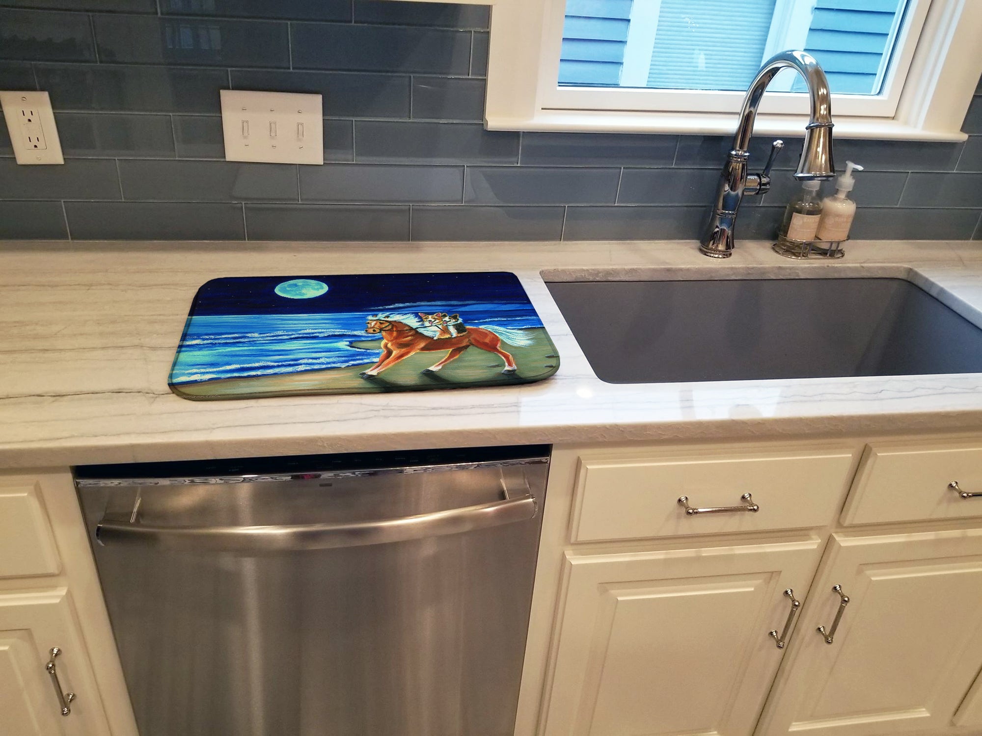 Corgi Beach Ride on Horse Dish Drying Mat Absorbent Dish Drying Mat Pad for Kitchen Counter Dish Drainer Mat for Countertop, 14 x 21", Multicolor