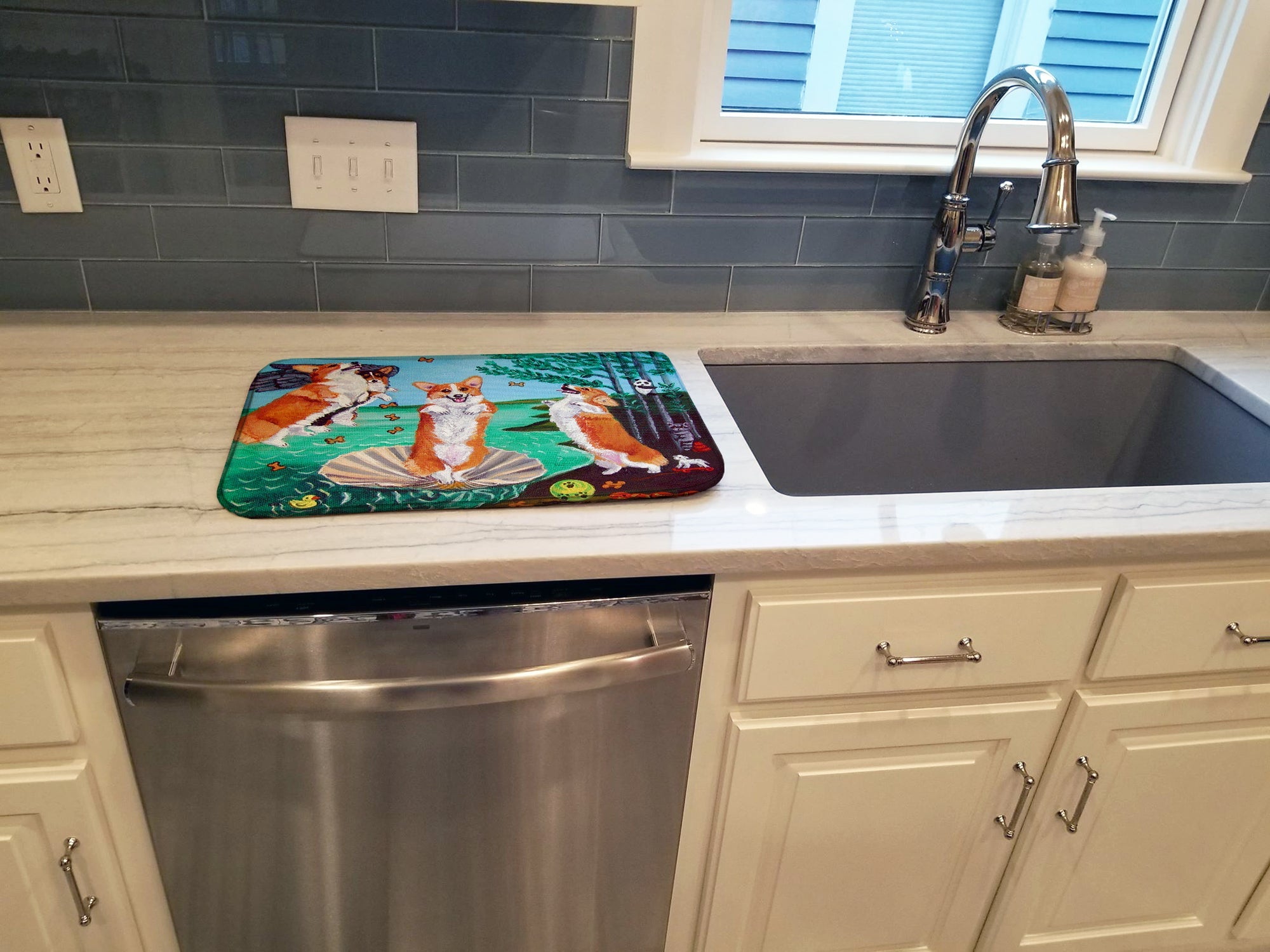 Corgi Birth of Venus Dish Drying Mat Absorbent Dish Drying Mat Pad for Kitchen Counter Dish Drainer Mat for Countertop, 14 x 21", Multicolor