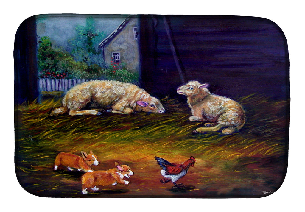 Corgi Chaos in the barn with sheep Dish Drying Mat Absorbent Dish Drying Mat Pad for Kitchen Counter Dish Drainer Mat for Countertop, 14 x 21", Multicolor