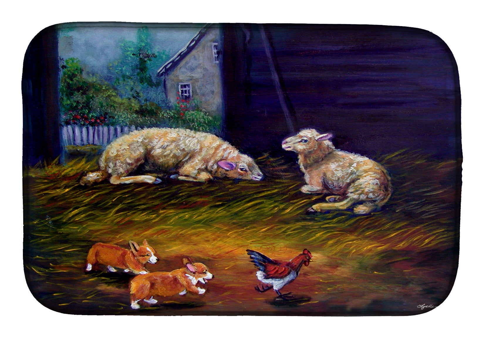 Corgi Chaos in the barn with sheep Dish Drying Mat Absorbent Dish Drying Mat Pad for Kitchen Counter Dish Drainer Mat for Countertop, 14 x 21", Multicolor
