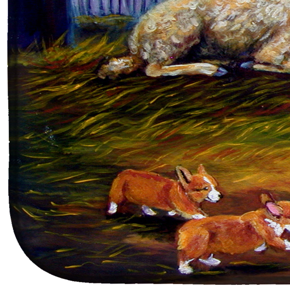 Corgi Chaos in the barn with sheep Dish Drying Mat Absorbent Dish Drying Mat Pad for Kitchen Counter Dish Drainer Mat for Countertop, 14 x 21", Multicolor