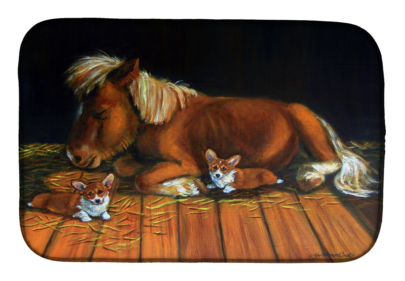 Corgi Snuggles the pony Dish Drying Mat Absorbent Dish Drying Mat Pad for Kitchen Counter Dish Drainer Mat for Countertop, 14 x 21", Multicolor