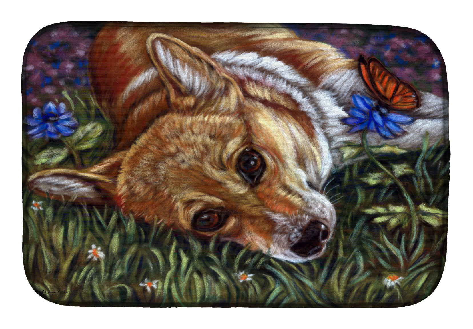 Corgi Pastel Butterfly Dish Drying Mat Absorbent Dish Drying Mat Pad for Kitchen Counter Dish Drainer Mat for Countertop, 14 x 21", Multicolor