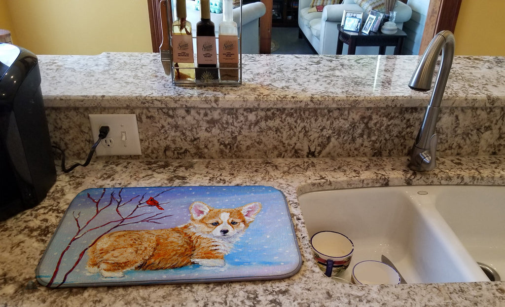 Corgi Pup Snow Cardinal Dish Drying Mat Absorbent Dish Drying Mat Pad for Kitchen Counter Dish Drainer Mat for Countertop, 14 x 21", Multicolor