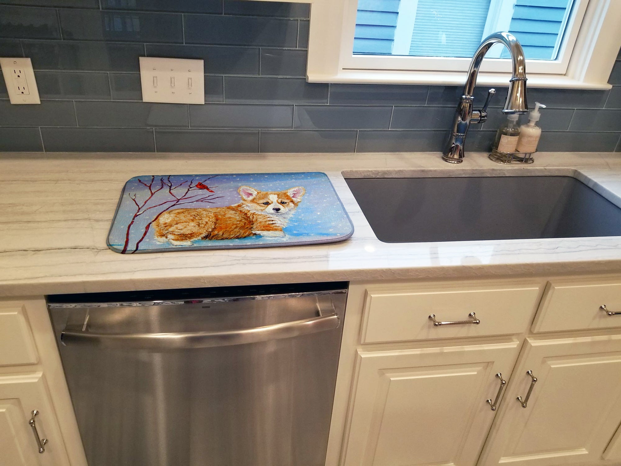 Corgi Pup Snow Cardinal Dish Drying Mat Absorbent Dish Drying Mat Pad for Kitchen Counter Dish Drainer Mat for Countertop, 14 x 21", Multicolor