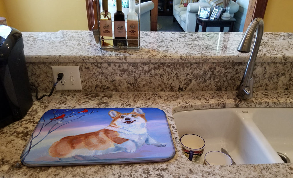 Corgi Snow Cardinal Dish Drying Mat Absorbent Dish Drying Mat Pad for Kitchen Counter Dish Drainer Mat for Countertop, 14 x 21", Multicolor
