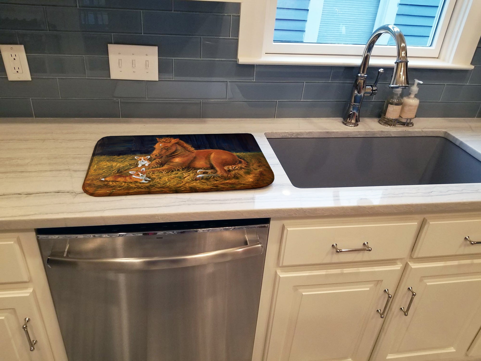 Corgi Sunrise with Colt  Dish Drying Mat Absorbent Dish Drying Mat Pad for Kitchen Counter Dish Drainer Mat for Countertop, 14 x 21", Multicolor