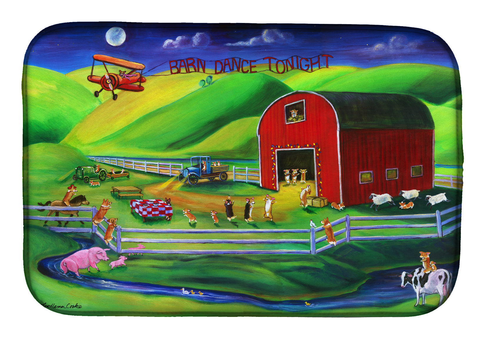 Corgi Barn Dance Dish Drying Mat Absorbent Dish Drying Mat Pad for Kitchen Counter Dish Drainer Mat for Countertop, 14 x 21", Multicolor