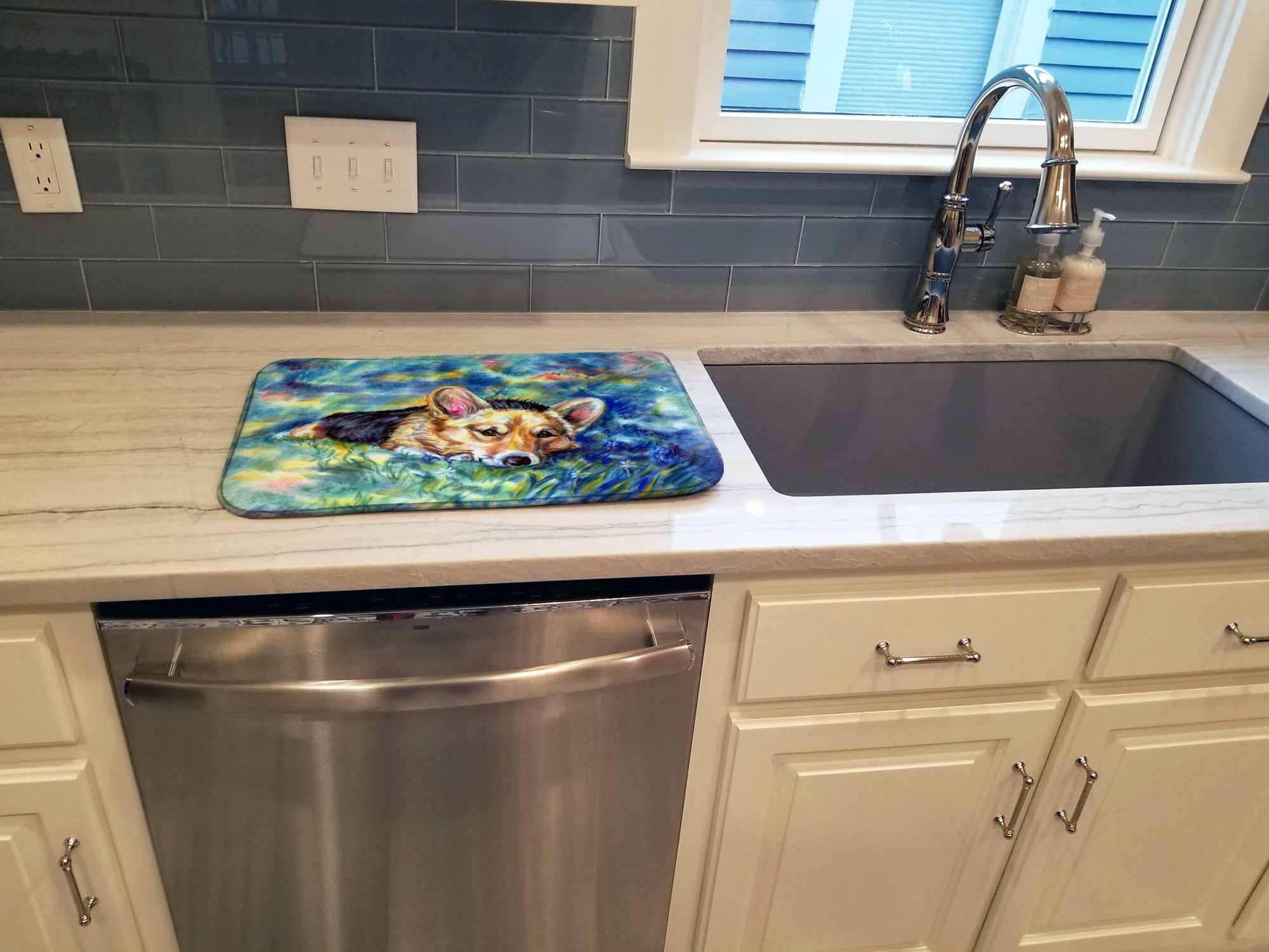 Corgi Tuckered Out Dish Drying Mat Absorbent Dish Drying Mat Pad for Kitchen Counter Dish Drainer Mat for Countertop, 14 x 21", Multicolor