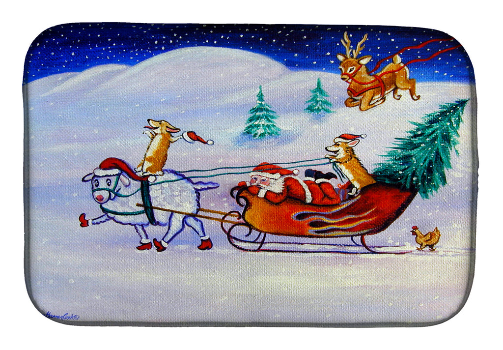 Corgi Highhacked Santa Claus Sleigh Dish Drying Mat Absorbent Dish Drying Mat Pad for Kitchen Counter Dish Drainer Mat for Countertop, 14 x 21", Multicolor