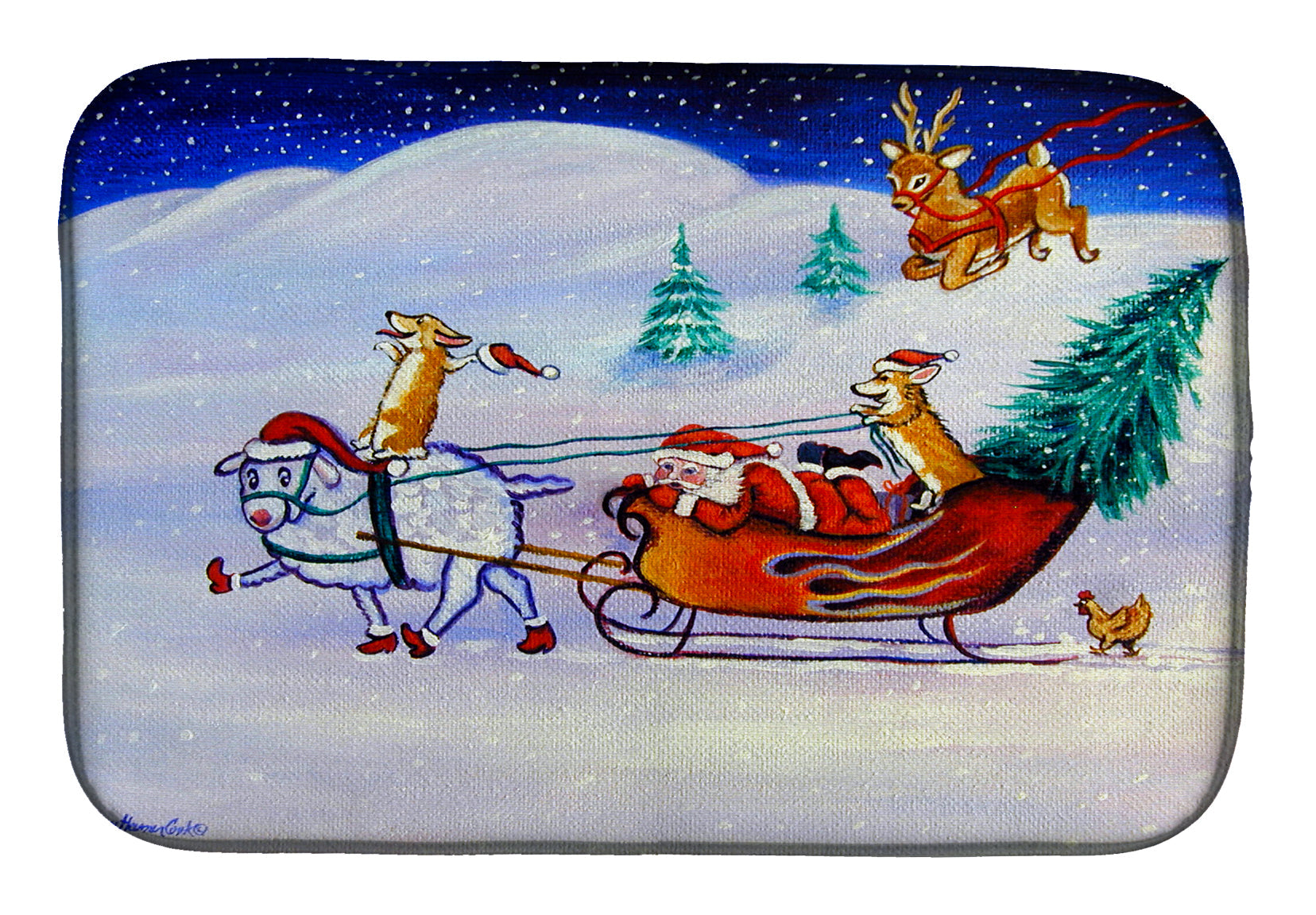 Corgi Highhacked Santa Claus Sleigh Dish Drying Mat Absorbent Dish Drying Mat Pad for Kitchen Counter Dish Drainer Mat for Countertop, 14 x 21", Multicolor
