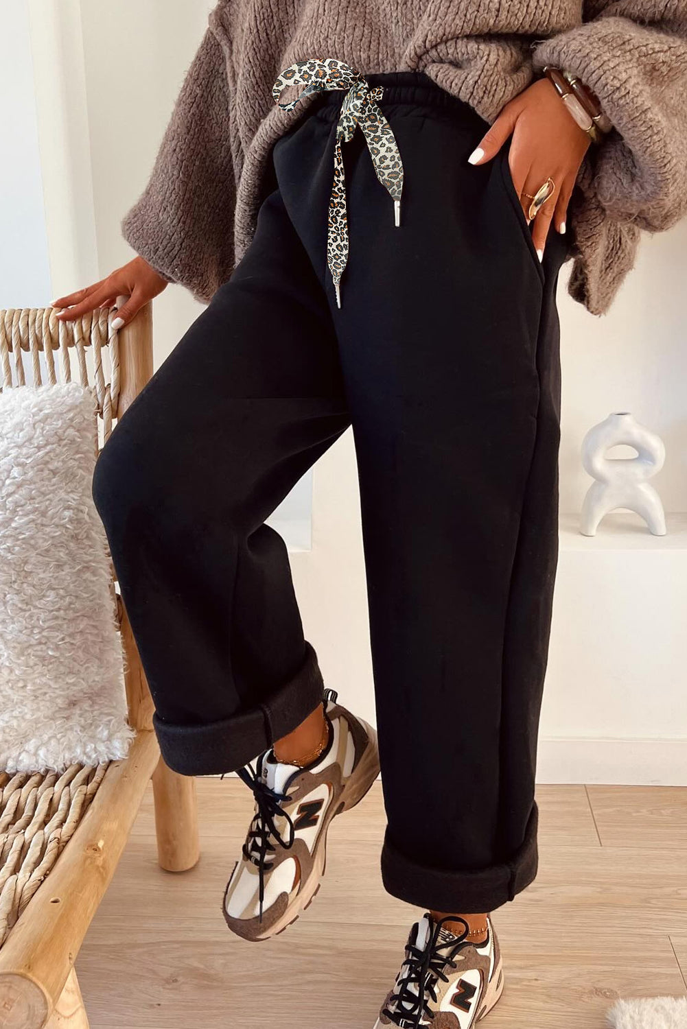 Black Leopard Drawstring Winter Fleece Pants