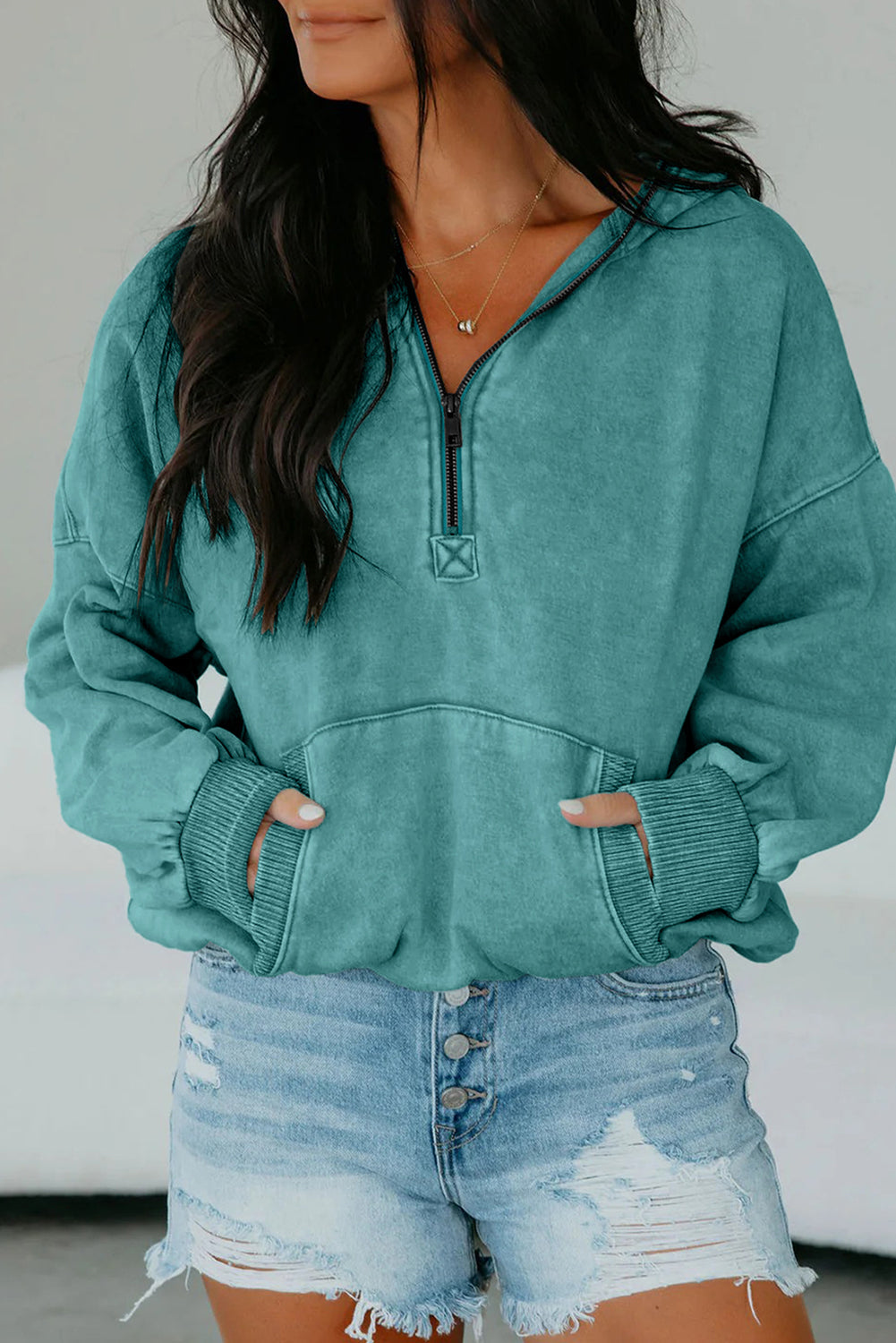Black Half Zip Kangaroo Pocket Mineral Wash Baggy Hoodie