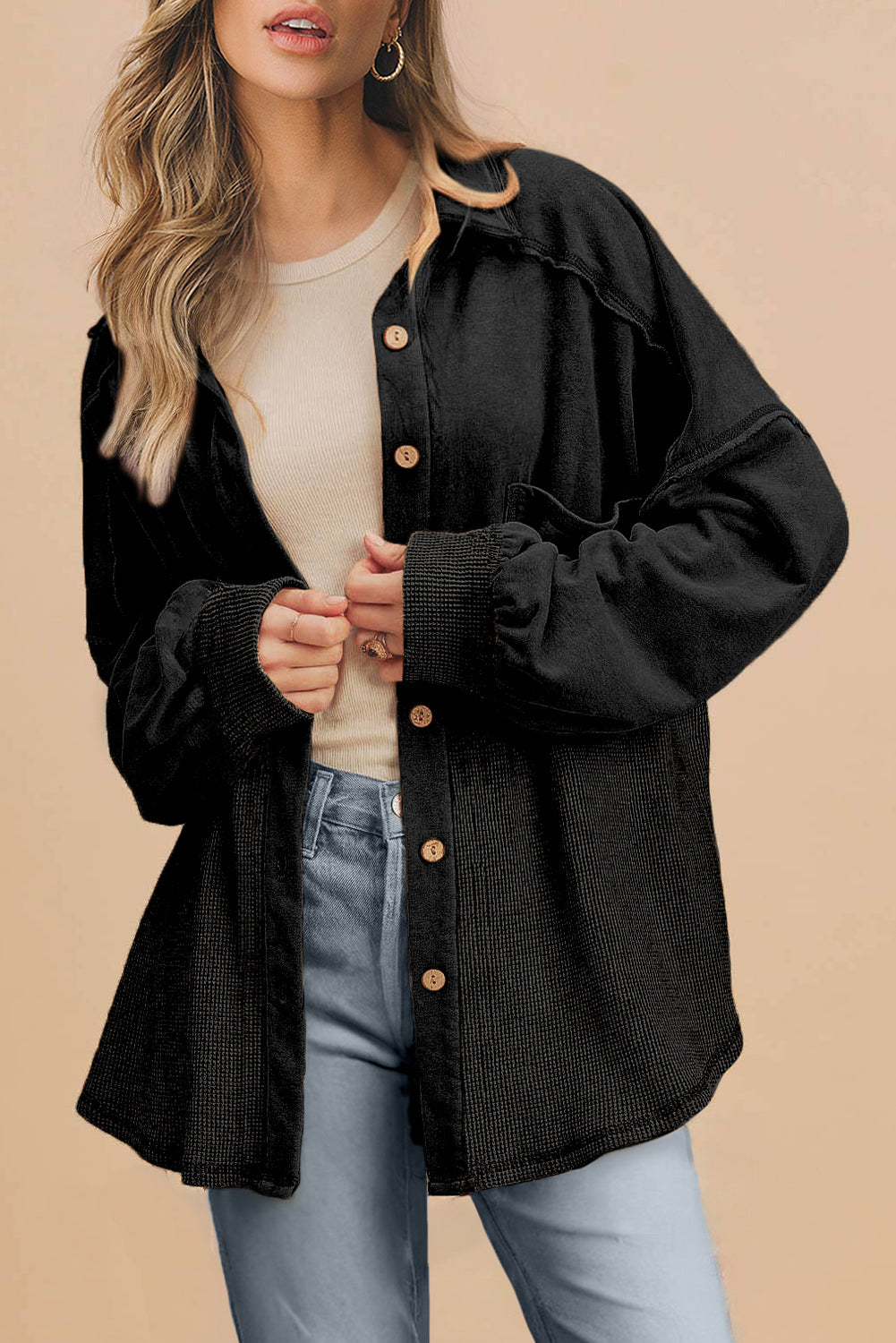 Black Waffle Knit Patchwork Exposed Seam Loose Shacket