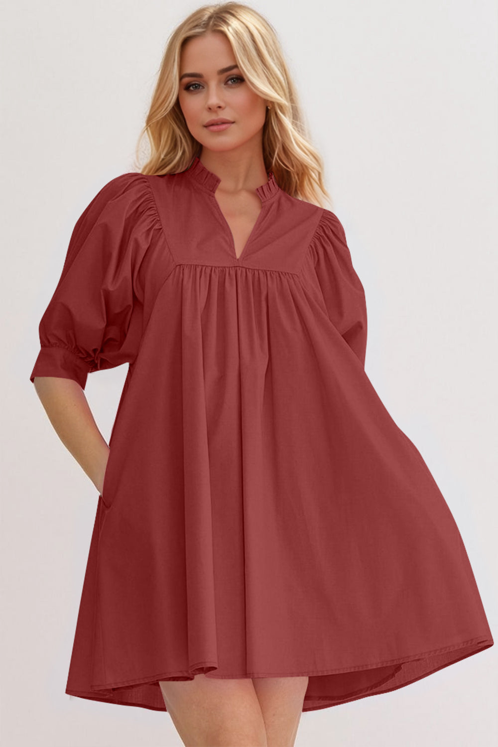 Pink Puff Sleeve Mini Dress Casual and Feminine Dress for Women Simple Classic Summer Dress